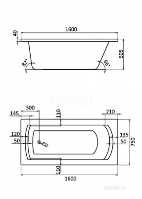 Акриловая ванна Santek Монако XL 160х75 прямоугольная 1WH111978