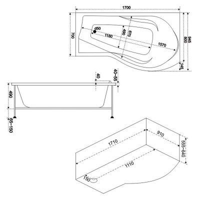Акриловая ванна Bas Капри 170x90 L с г/м оборудованием FLAT