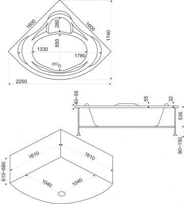 Акриловая ванна Bas Мега 160x160 с г/м оборудованием FLAT