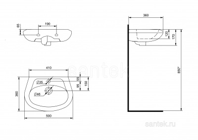Раковина Santek Бриз 50 отверстие под смеситель 1WH110451