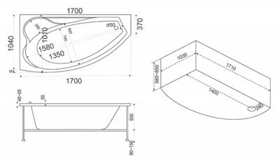 Акриловая ванна Bas Николь 170x110 R с г/м оборудованием FLAT
