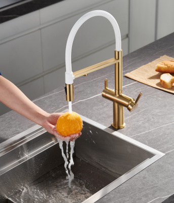 Смеситель для кухни с подключением фильтра для воды Rose R458G золотой сатин