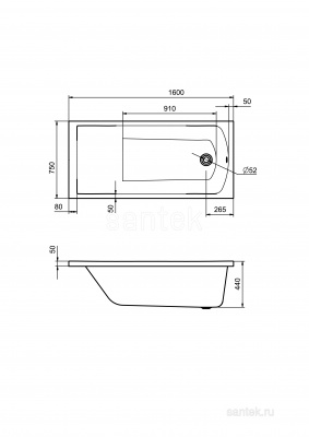 Акриловая ванна Santek Фиджи 160х75 прямоугольная 1WH501597