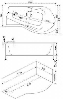 Акриловая ванна Bas Капри 170x90 R с г/м оборудованием FLAT