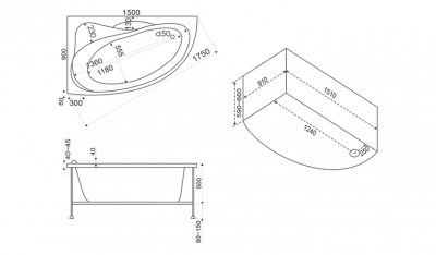 Акриловая ванна Bas Вектра 150x90 R с г/м оборудованием FLAT